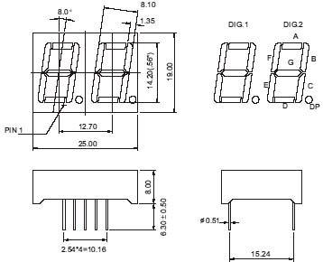 0.56 インチ 2 桁数字 LED ディスプレイ、多重回路付き