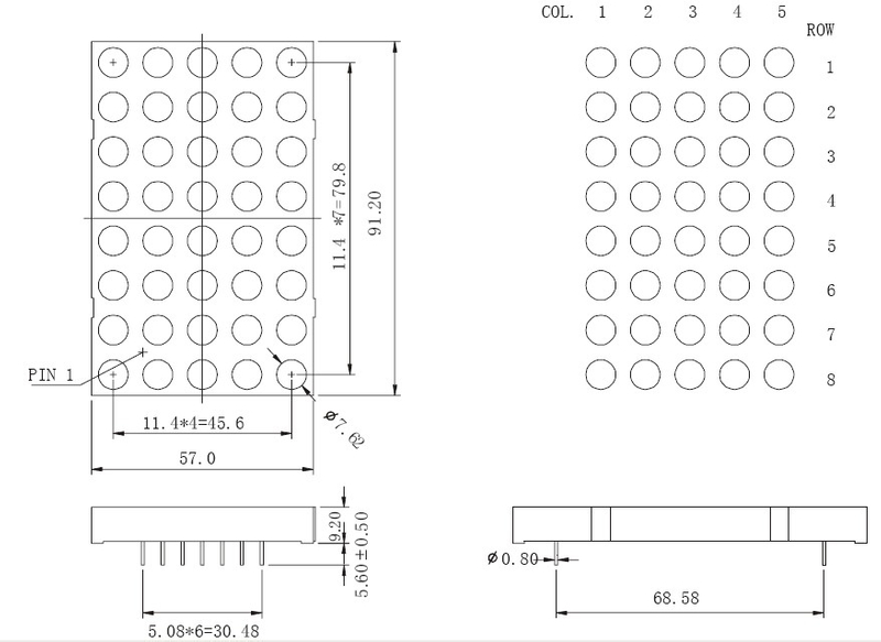 3.4 インチ 5x8 単色 LED ドットマトリックス