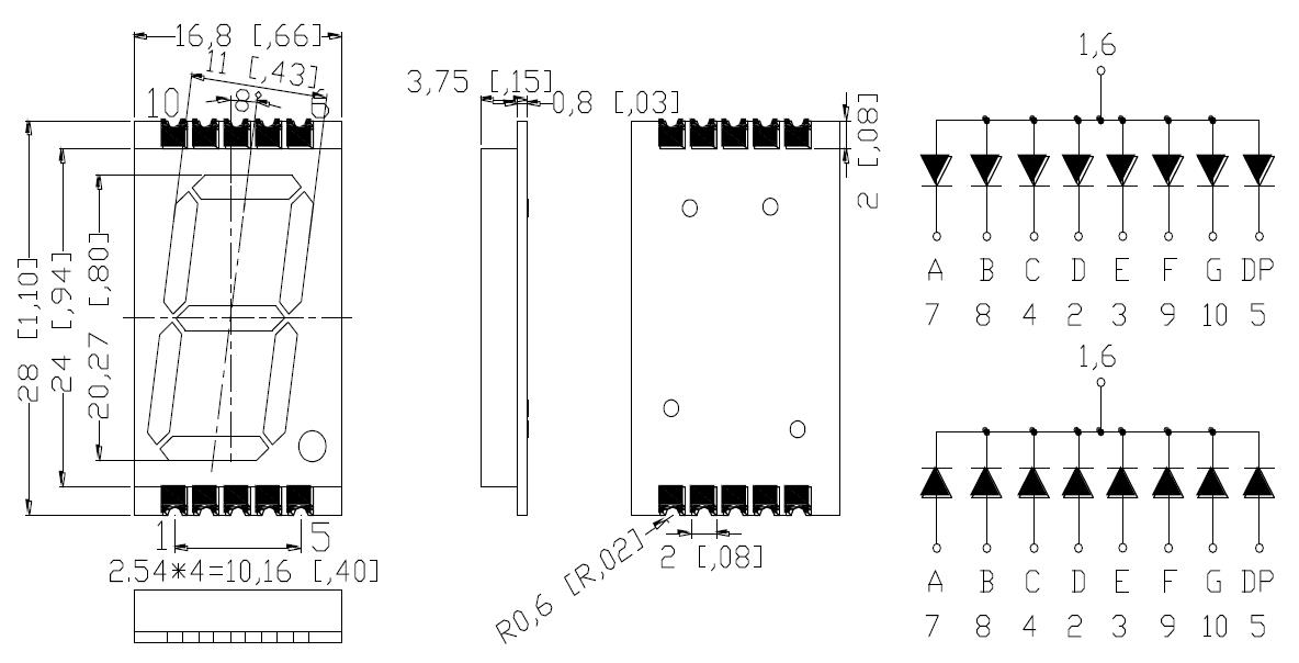 0.8 インチ Fout 桁 7 セグメント SMD ディスプレイ、グレーフェイス
