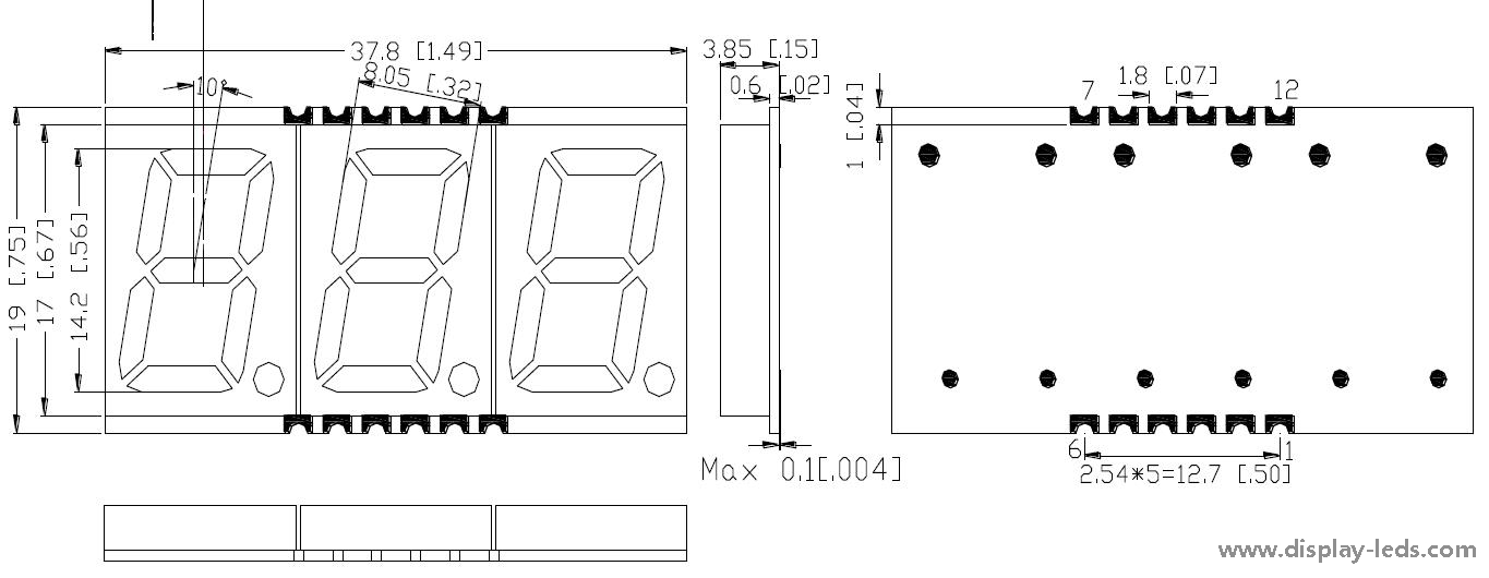 0.56 インチ 3 桁 7 セグメント SMD ディスプレイ