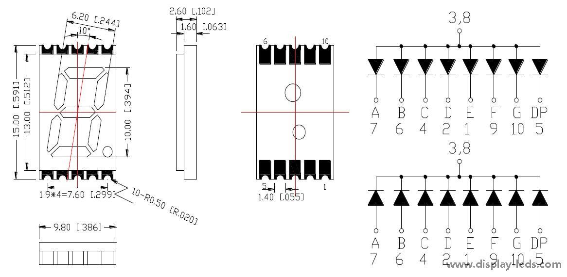 0.39 インチ 1 桁 7 セグメント超薄型 SMD ディスプレイ