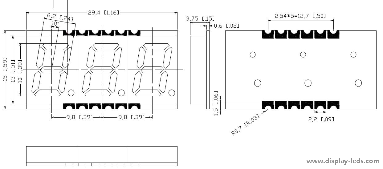 0.39 インチ 3 桁 7 セグメント SMD ディスプレイ