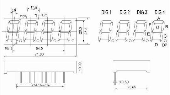 0.8 インチ 4 桁 7 セグメント LED ディスプレイ