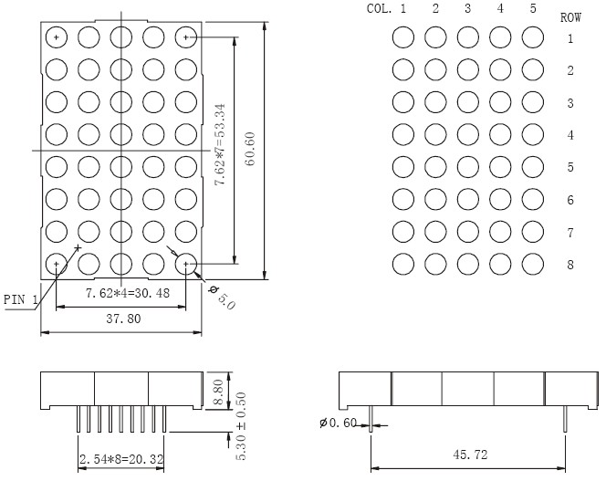2.3 インチ 5x8 2 色 LED ドットマトリックス