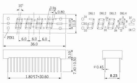 0.25 インチ 7 セグメント時計 LED ディスプレイ、静的回路付き