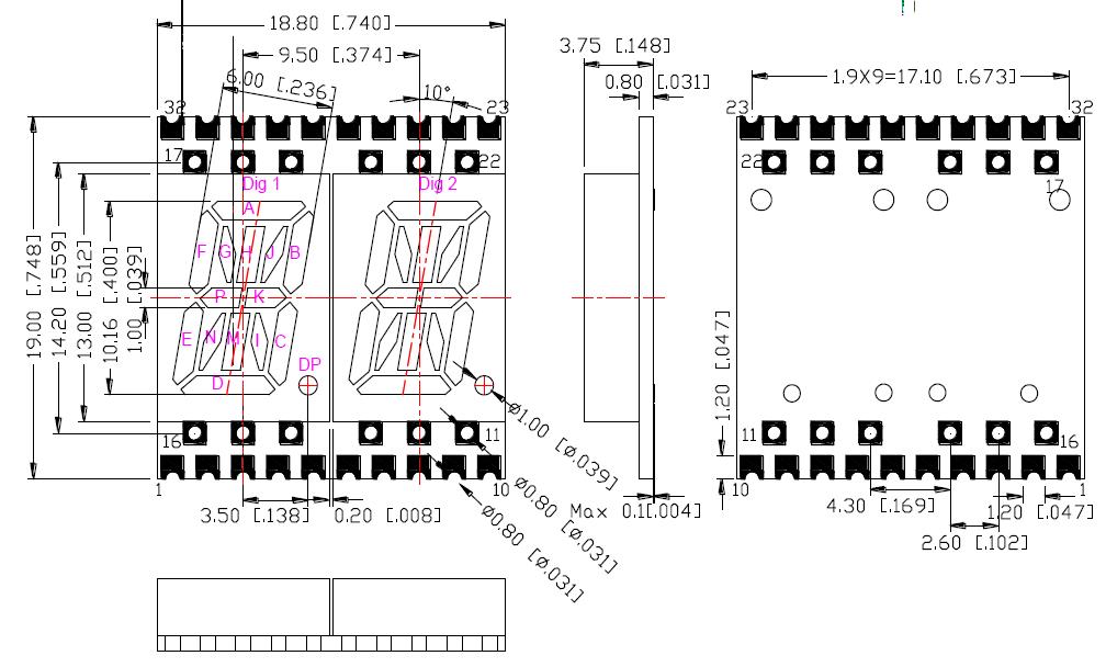 0.4 インチ 2 桁英数字ディスプレイ 4021