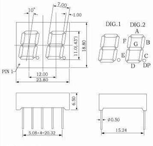 0.43 インチ 2 桁数字 LED ディスプレイ