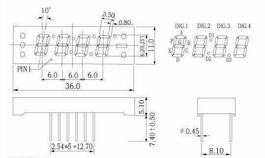0.25 インチ 7 セグメント時計 LED ディスプレイ、多重化回路付き