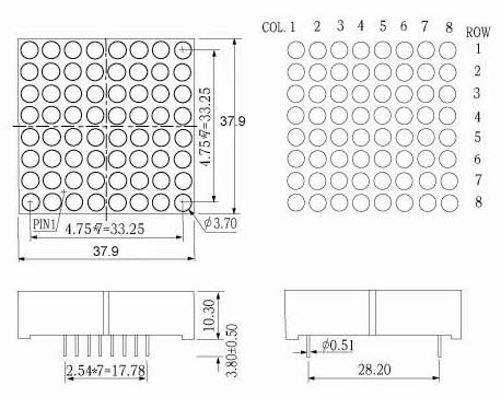 1.5 インチ 8x8 LED ドットマトリックス