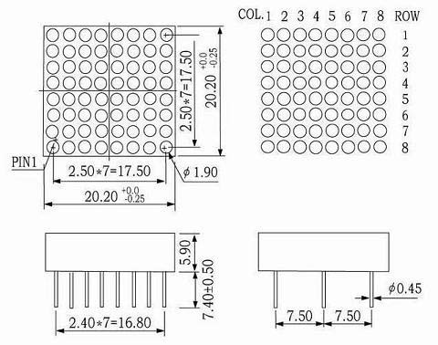 0.7 インチ 8x8 デュアルカラー LED ドットマトリックス