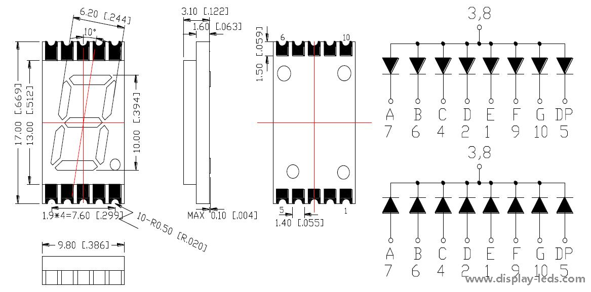 0.39 インチ 1 桁 7 セグメント 3.1mm 超薄型 SMD ディスプレイ