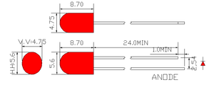 5mm 赤色拡散赤色丸形 LED ランプ (5.6x4.8mm)