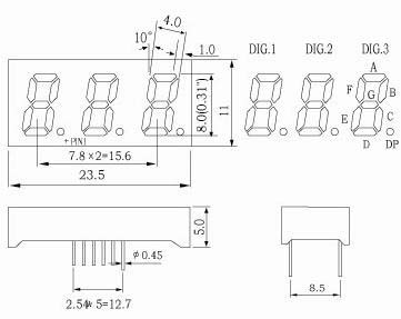 0.31 インチ 3 桁 7 セグメント LED ディスプレイ