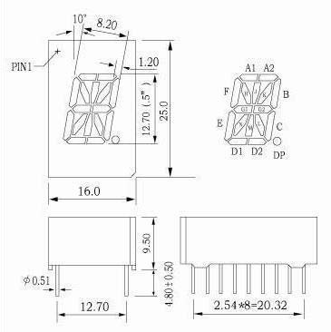 0.5 インチ英数字 LED ディスプレイ、共通ピン 10