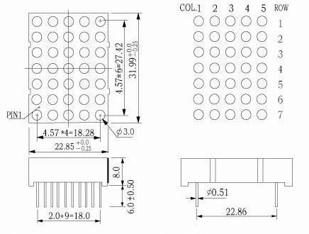 1.20 インチ (30 mm) 5x7 デュアルカラー LED ドットマトリックス ディスプレイ