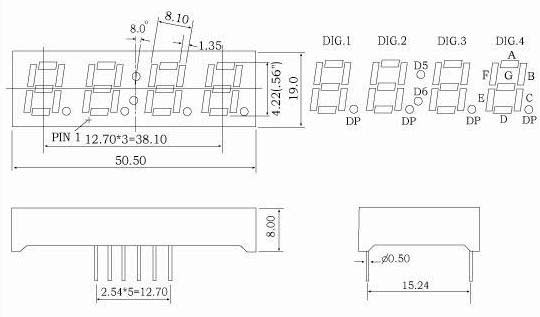 0.56 インチ 4 桁 LED 表示時計、長方形セグメント