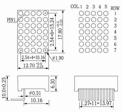 0.7 インチ 5x7 LED ドットマトリックス、片面ピン付き