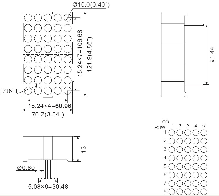 4.6 インチ 5x8 LED ドットマトリックス ディスプレイ