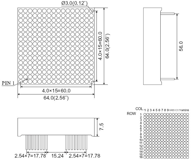 2.5 インチ 16x16 ドットマトリックス LED ディスプレイ