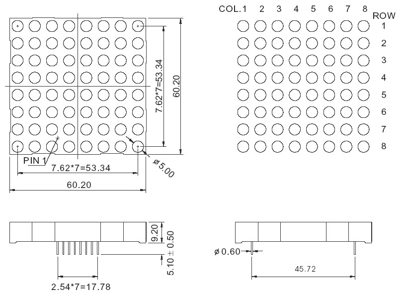 2.3 インチ 8x8 ドットマトリックス LED ディスプレイ