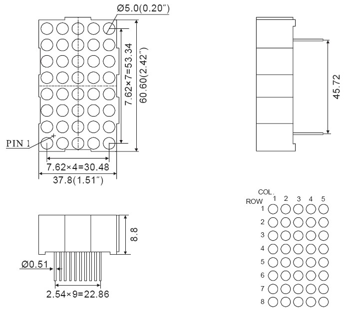 2.3 インチ 5x8 デュアルカラー LED ドットマトリックス
