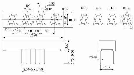 0.28インチ4桁7セグメントLEDディスプレイ