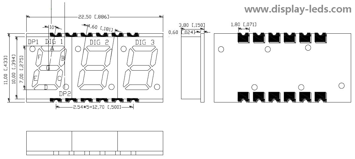 0.28 インチ 3 桁 7 セグメント SMD ディスプレイ