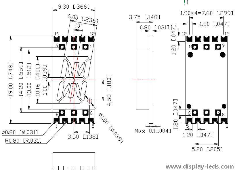 0.4 インチ 1 桁 14 セグメント SMD ディスプレイ