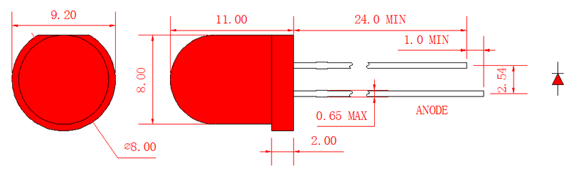 8mm レッドラウンド LED ランプ、レッド拡散