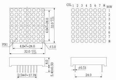 1.2 インチ 8x8 単色 LED ドットマトリックス