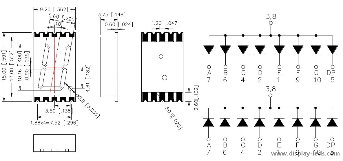 0.4 インチ 1 桁 7 セグメント SMD ディスプレイ