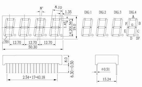 0.56 インチ 4 桁数値 LED ディスプレイ、静的回路 PCB 付き