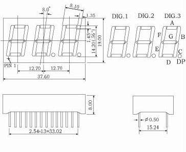 0.56 インチ 3 桁 7 セグメント ディスプレイ、スタティック回路付き