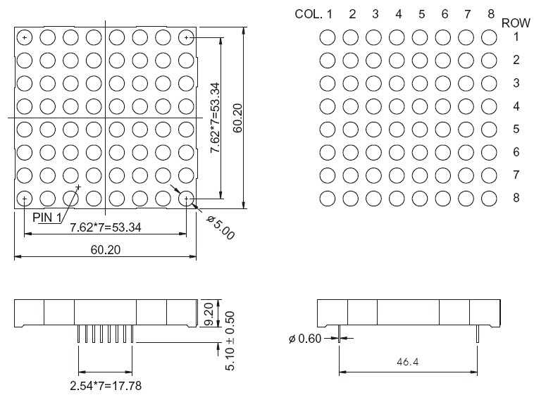 2.3 インチ 8x8 LED ドットマトリックス