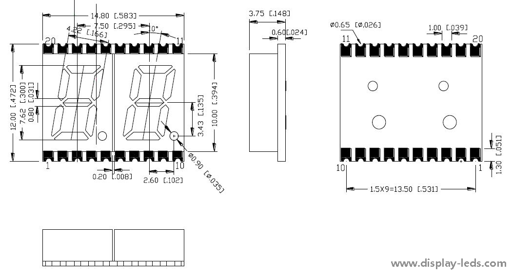 0.3 インチ 2 桁 7 セグメント SMD ディスプレイ