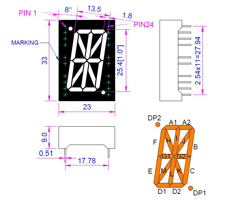 1.0 インチの琥珀色の英数字 LED ディスプレイ