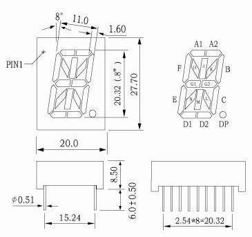 共通のピン 12 と 17 を備えた 0.8 インチ英数字ディスプレイ