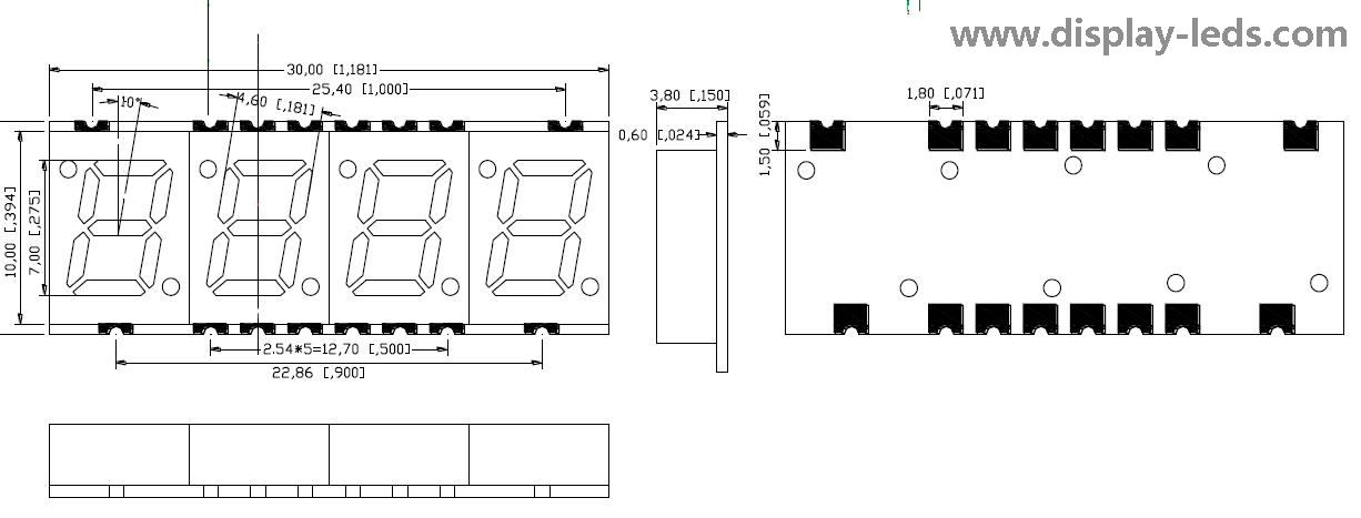 0.28 インチ 4 桁 7 セグメント SMD ディスプレイ