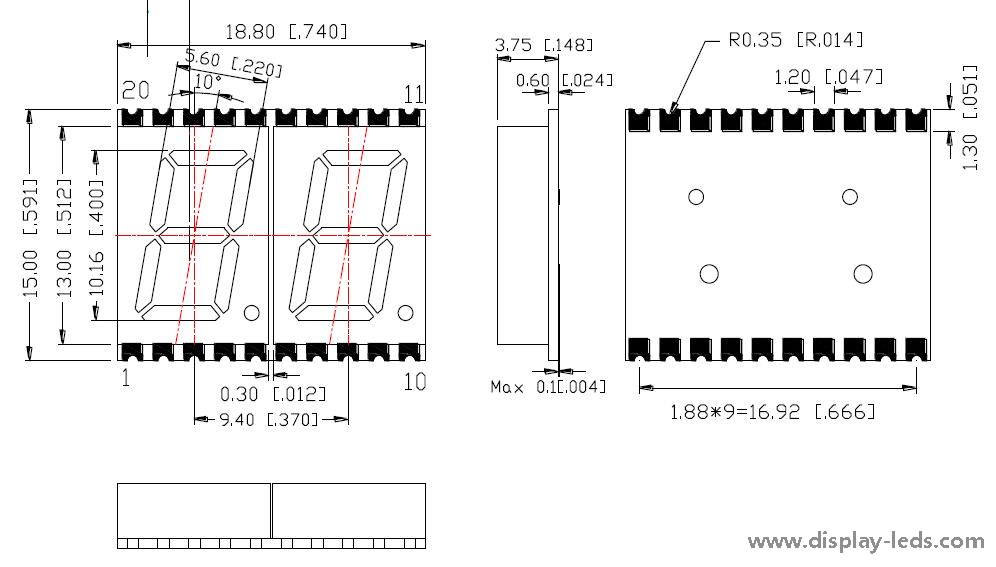 0.4 インチ 2 桁 7 セグメント SMD ディスプレイ