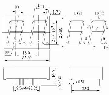 静的回路を備えた 0.8 インチ 2 桁 7 セグメント ディスプレイ