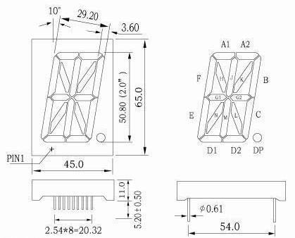 2インチ（50.8 mm）LED英数字ディスプレイ、共通ピン11