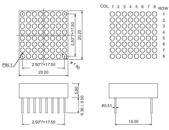 0.7 インチ 8x8 LED ドットマトリックス