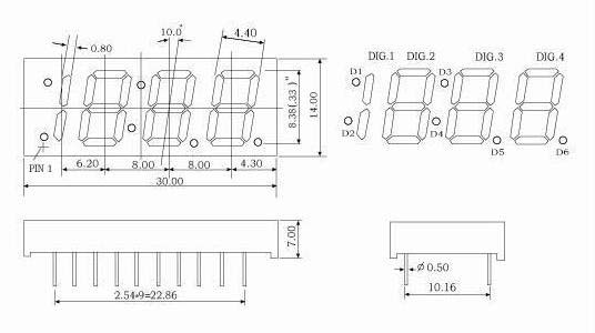 0.33インチ4桁7セグメント時計LEDディスプレイ