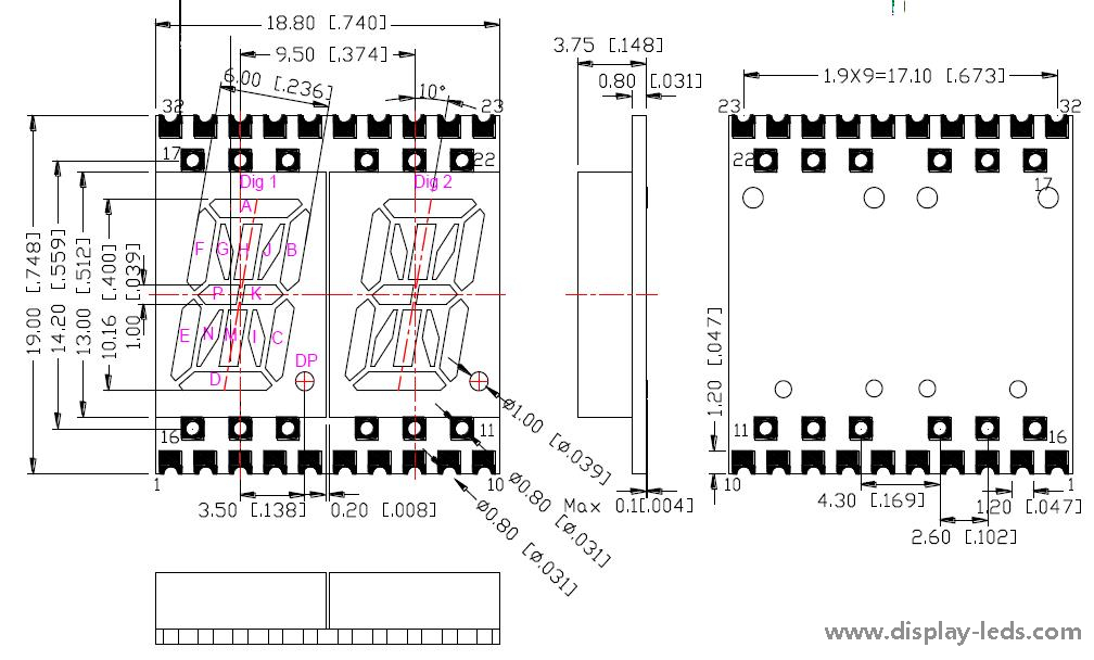 0.4 インチ 2 桁 14 セグメント SMD ディスプレイ