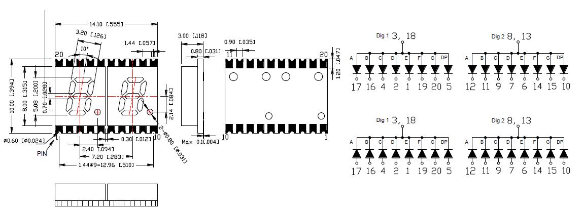 0.2 インチ 2 桁 7 セグメント SMD ディスプレイ