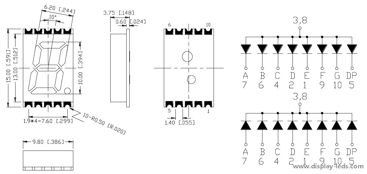 0.39 インチ 1 桁 7 セグメント SMD ディスプレイ