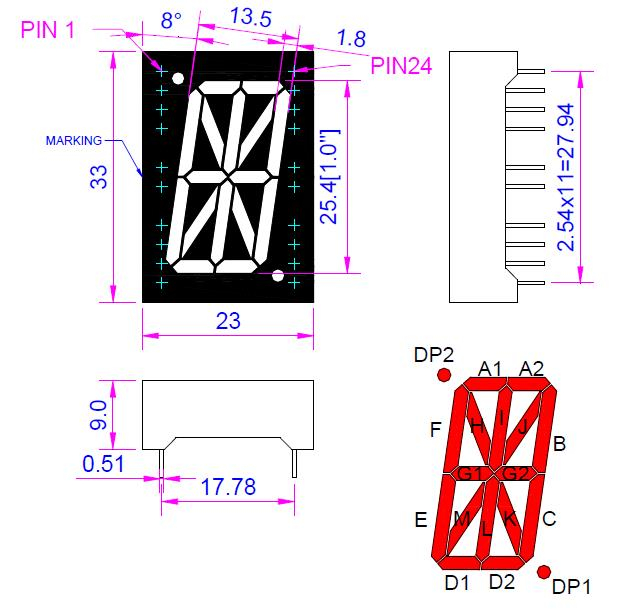 1.0 インチ赤色英数字 LED ディスプレイ