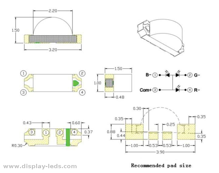 3210 RGB 1206 サイドビュー SMD チップ LED RoHS 準拠、2.0(L) X1.2 (W) mm