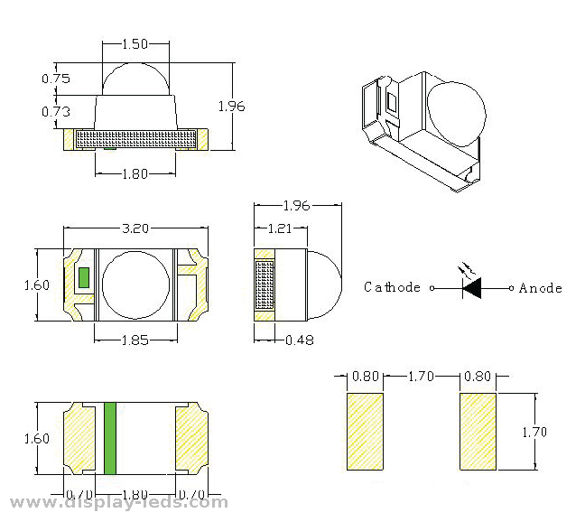 3216 レッド 1206 ドーム SMD チップ LED RoHS 準拠、3.2(L) X1.6(W) mm